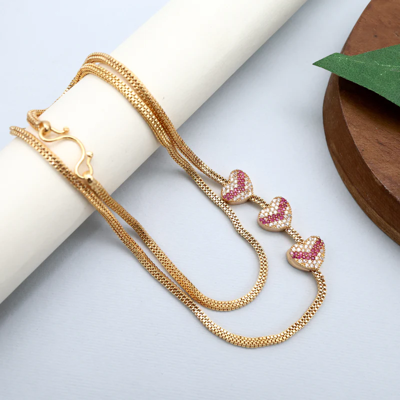 Real Gold Tone Diamond Look 3 Layer Hearts Mugappu Chain - Red & White